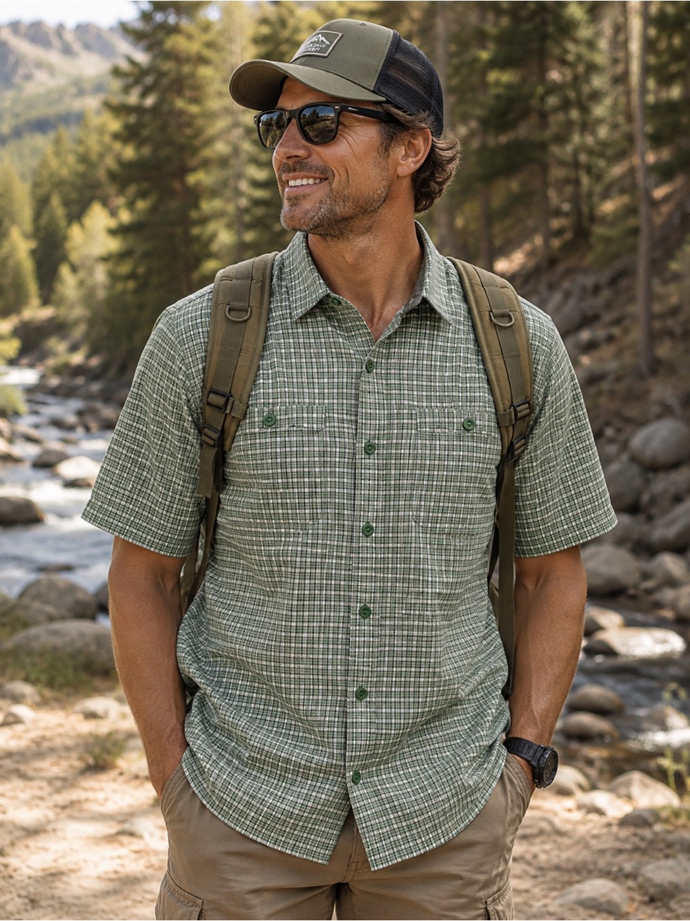 The North Face Men's Short-Sleeve Green Plaid Button-Down Shirt